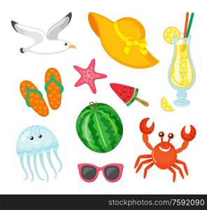 Summer elements, hat with bows and ribbon vector. Watermelon on stick, rubber flip flops, jellyfish and crab, seagull and starfish. Cocktail with lemon. Summer Journey Elements, Seafood and Accessories