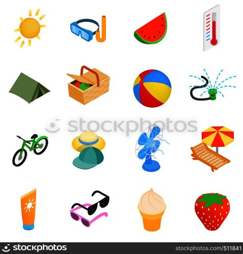 Summer elements icons set in isometric 3d style on a white background . Summer elements icons set, isometric 3d style