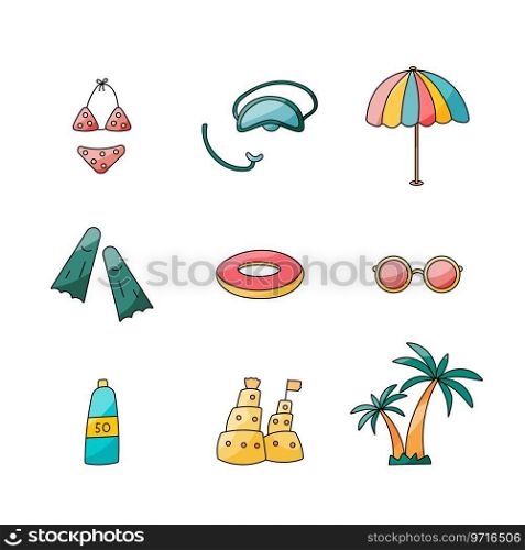 summer elements set icon SPF warm palm flippers swimsuit sand castle glasses circle umbrella Vector illustration