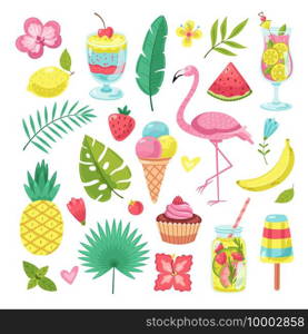Summer elements. Tropical vacation photo booth props. Flamingo, ice cream and pineapple, leaves and cocktail, flower and smoothies vector set. Illustration pineapple and flamingo, cocktail tropical. Summer elements. Tropical vacation photo booth props. Flamingo, ice cream and pineapple, leaves and cocktail, flower and smoothies vector set
