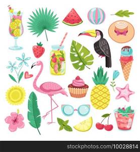 Summer elements. Tropical vacation stickers. Flamingo, ice cream and pineapple, leaf and cocktail, parrot and beach hat, starfish vector set. Illustration flamingo and watermelon, palm and fruit. Summer elements. Tropical vacation stickers. Flamingo, ice cream and pineapple, leaf and cocktail, parrot and beach hat, starfish vector set