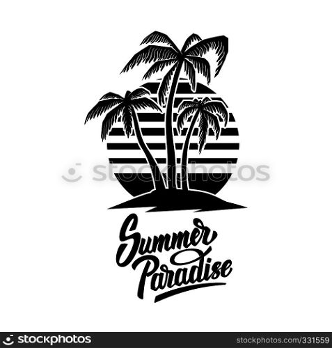 Summer emblem with palms. Design element for logo, label, sign, poster, t shirt. Vector illustration