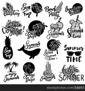 Summer emblems. Set of hand drawn lettering phrases on white background. Design element for poster, greeting card. Vector illustration