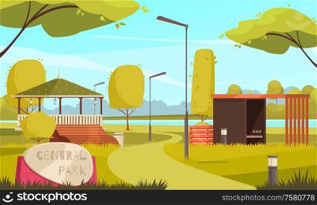 Summer empty city park landscape flat composition with gazebo walkers runners path lanterns trees benches vector illustration
