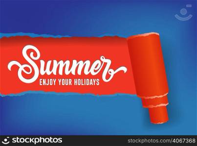 Summer, enjoy your holidays seasonal banner design in red and blue colors. Handwritten text can be used for signs, labels, flyers, banners
