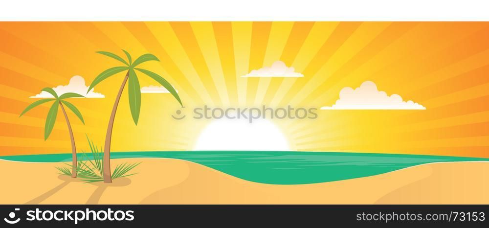 Summer Exotic Beach Landscape Banner. Illustration of a summer tropical beach horizontal poster background or banner