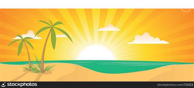Summer Exotic Beach Landscape Banner. Illustration of a summer tropical beach horizontal poster background or banner