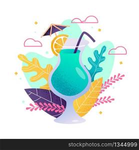 Summer Exotic Cocktail with Decor Illustration. Cartoon Glass with Tropical Refreshing Drink and Orange Slice, Straw and Umbrella over Plant Leaves. Invitation Template. Vector Natural Illustration. Summer Exotic Cocktail with Decor Illustration