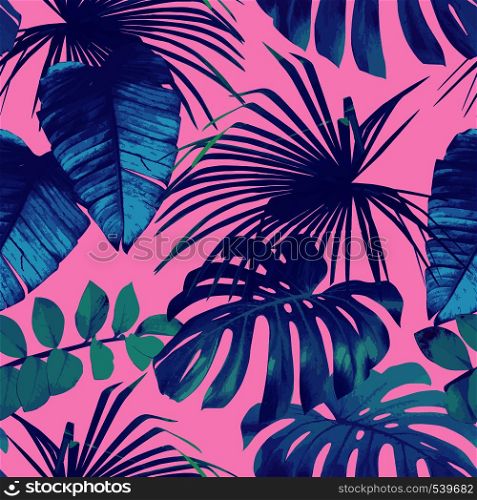 Summer exotic floral tropical palm, banana leaves in blue style. Pattern vector seamless on the pink background. Plant flower nature wallpaper