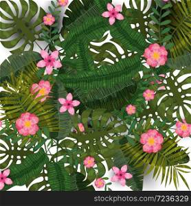 Summer exotic plants and hibiscus flowers tropical background template. Summer exotic plants and hibiscus flowers tropical background template. Trend pattern jungle. Vector, illustration, isolated, poster, banner, flyer, invitation