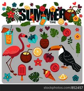 Summer exotic tropical birds and flowers or plants and food pattern background design template. Vector flat cartoon tropic palm leaf, flamingo and toucan or coconut and pineapple or summer cocktail. Summer poster of exotic tropical birds and flower plants pattern vector design template