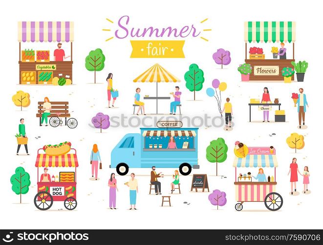 Summer fair activities vector, man and woman eating hotdogs under umbrella shade, flowers in pots, ice cream sweets cold dessert, kid with balloon. Summer Fair People on Vacation Summertime Relax