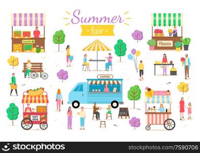 Summer fair activities vector, man and woman eating hotdogs under umbrella shade, flowers in pots, ice cream sweets cold dessert, kid with balloon. Summer Fair People on Vacation Summertime Relax