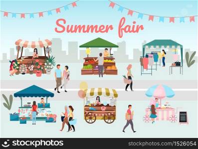 Summer fair flat vector illustration. Outdoor street market stalls, trade tents with with advertising lettering. Flowers, farmers food and products, clothes city kiosks and buyers. Local urban shops