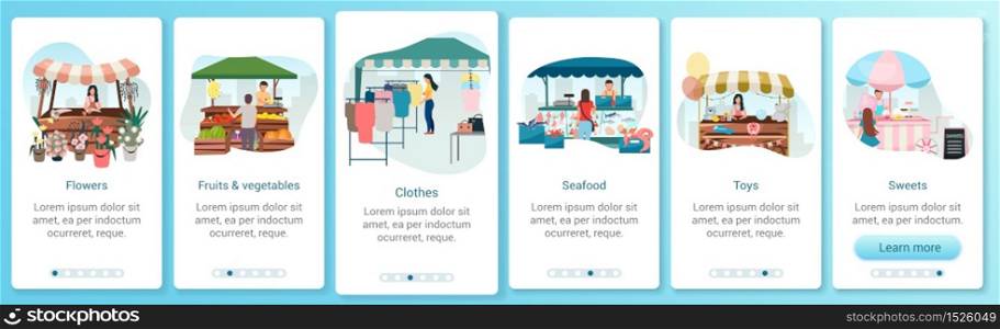 Summer fair onboarding mobile app screen template. Outdoor street market stalls. Flowers, seafood, sweets trade tents. Walkthrough website with flat characters. UX, UI smartphone cartoon interface