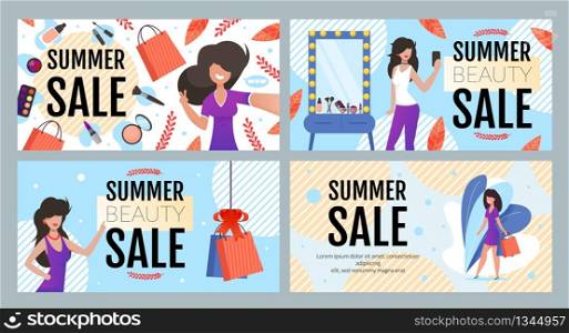 Summer Fashion and Beauty Sale Banner Set. Invitation Poster with Promotion Title and Text. Elegant Woman in Luxury Casual Clothes and Makeup Advertises Discount on Cosmetics. Vector Flat illustration. Summer Fashion and Beauty Sale Ad Text Banner Set