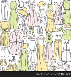 Summer fashion. Hand drawn women&rsquo;s clothing and shoes. Vector background. Sketch illustration.. Women&rsquo;s clothing and shoes. Vector background