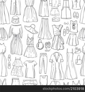 Summer fashion. Hand drawn women&rsquo;s clothing and shoes. Vector seamless pattern . Summer women&rsquo;s clothing and shoes. Vector pattern