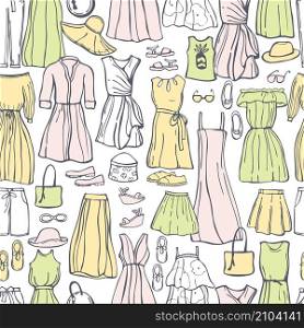 Summer fashion. Hand drawn women&rsquo;s clothing and shoes. Vector seamless pattern.. Women&rsquo;s clothing and shoes. Vector pattern.