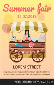 Summer festival fair brochure template. Funfair, street market cart, trolley flyer, booklet, leaflet concept with flat illustrations. Vector page layout for magazine. advertising invitation with text