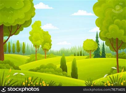 Summer field landscape. Background of Italian countryside. Nature hills fields blue sky clouds and sun countryside. Green tree on meadow and grass rural land. Sunny day in the forest. Cartoon vector. Background of Italian countryside. Nature hills fields blue sky clouds and sun countryside