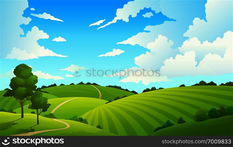Summer field landscape. Nature hills fields blue sky clouds sun countryside. Green tree and grass rural land. Cartoon vector. Summer field landscape. Nature hills fields blue sky clouds sun countryside. Cartoon green tree and grass rural land.