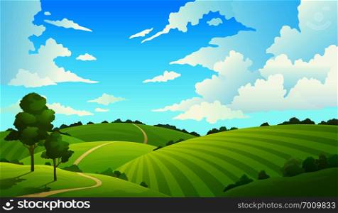 Summer field landscape. Nature hills fields blue sky clouds sun countryside. Green tree and grass rural land. Cartoon vector. Summer field landscape. Nature hills fields blue sky clouds sun countryside. Cartoon green tree and grass rural land.