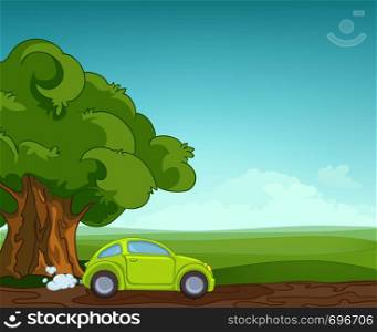 Summer Field Landscape with Green Car. Eniroment Background. Vector Illustration.