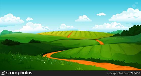 Summer fields landscape. Cartoon countryside valley with green hills blue sky and curly clouds. Vector rural nature horizon pasture view. Summer fields landscape. Cartoon countryside valley with green hills blue sky and curly clouds. Vector rural nature view