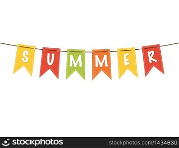 Summer flags illustration. Celebration of summer in carnival or party style with ribbons and banners. Decoration flags or garland in colorful design. Greeting summer isolated icons. Vector EPS 10.