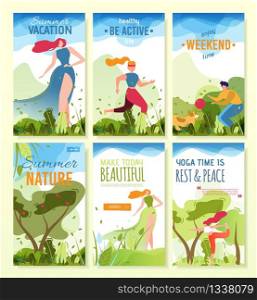 Summer Flat Greeting, Welcoming and Invitation Cards Set for Vacation, Active Weekends, Spending Yoga Time, Improve Ourselves and Nature. Flat Cartoon People Rest and Having Fun. Vector Illustration. Summer Flat Greeting and Invitation Cards Set