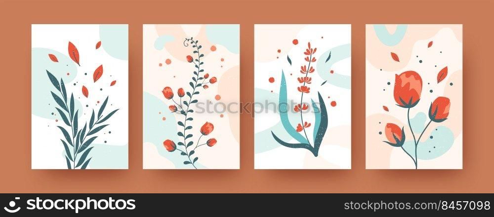 Summer floral collection of contemporary art posters. Modern flowers and leaves vector illustrations. Nature and blossom concept for banners, website design or backgrounds