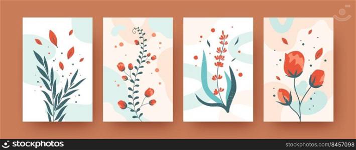 Summer floral collection of contemporary art posters. Modern flowers and leaves vector illustrations. Nature and blossom concept for banners, website design or backgrounds