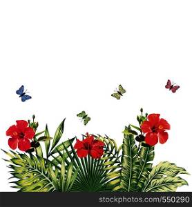 Summer floral composition red hibiscus flowers butterflies tropical plants white background. Vintage vector