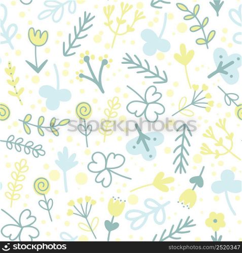 Summer floral seamless pattern. Background with leaves, herbs and flowers. Template for fabric, paper, textile and packaging. Botanical natural model