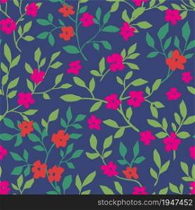 Summer floral seamless pattern of flowers and foliage, twigs and branches. Background or prints, tropical ornaments of nature and flourishing botanical artistic bouquets. Vector in flat style. Floral design with flourishing and foliage pattern