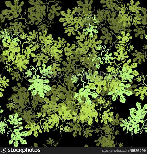 Summer Floral Texture Isolated on Black Background. Seamless Different Leaves Pattern. Summer Leaves Seamless Pattern