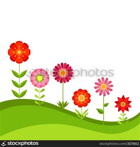 Summer floral vector background with garden flowers. Illustration in flat style. Green meadow with color flowers, summer floral flower. Summer floral vector background with garden flowers. Illustration in flat style