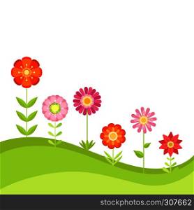Summer floral vector background with garden flowers. Illustration in flat style. Green meadow with color flowers, summer floral flower. Summer floral vector background with garden flowers. Illustration in flat style