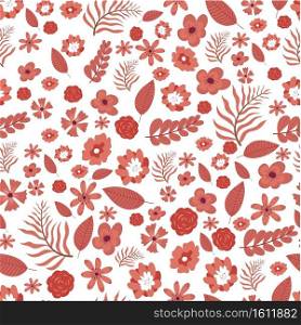 Summer flourishing flowers and botanic tree leaves seamless pattern on white background. Petunia and roses on twigs, foliage of bushes, decorative ornament or print decor, vector in flat style. Blooming flowers and foliage, tree leaves seamless pattern