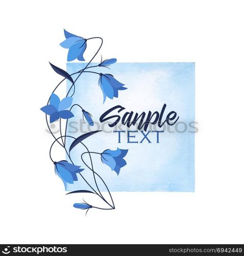 Summer flower campanula. Vector illustration blue bell-shaped bloom with watercolor frame, summer flower Campanula