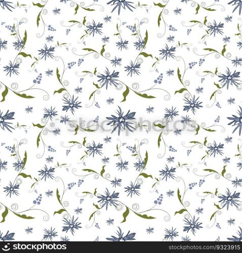 Summer flowers and leaves pattern seamless. Abstract blue wildflower and curls of peas with leaves endless ornate backdrop. Beautiful botanical wallpaper. Vector illustration with floral texture