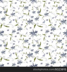 Summer flowers and leaves pattern seamless. Abstract blue wildflower and curls of peas with leaves endless ornate backdrop. Beautiful botanical wallpaper. Vector illustration with floral texture