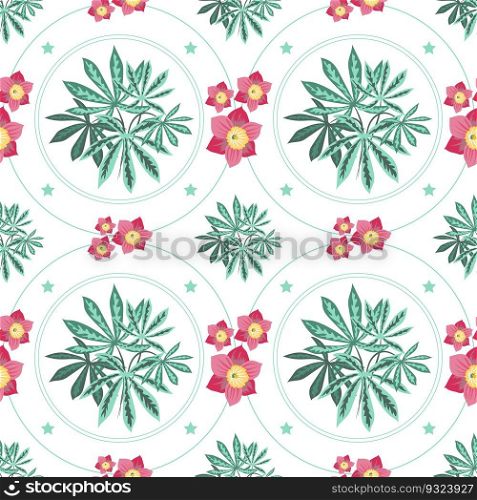 Summer flowers and leaves pattern seamless. Abstract chestnut leaves and daffodils in round geometric shapes repeating endless ornate. Botanical wallpaper. Vector illustration with floral texture