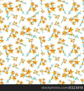 Summer flowers and leaves pattern seamless. Abstract orange ana yellow lily flowers on twigs repeating endless ornate. Beautiful blossom botanical wallpaper. Vector illustration with floral texture