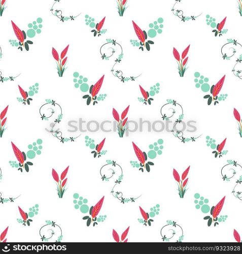 Summer flowers and leaves pattern seamless. Abstract red and green leaves with spiral curls repeating endless ornate. Summertime decorative botanical wallpaper. Vector illustration with floral texture
