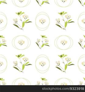 Summer flowers and leaves pattern seamless. Delicate pastel flower petals in geometric circles repeating endless ornate. Elegant wedding botanical wallpaper. Vector illustration with floral texture