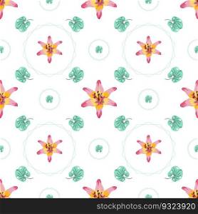 Summer flowers and leaves pattern seamless. Pink lily flower petals and green leaves in circle geometric shapes endless ornate. Beautiful botanical wallpaper. Vector illustration with floral texture