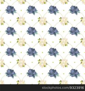 Summer flowers and leaves pattern seamless. White and blue flowers in linear repeating tile endless ornate backdrop. Beautiful blossom botanical wallpaper. Vector illustration with floral texture