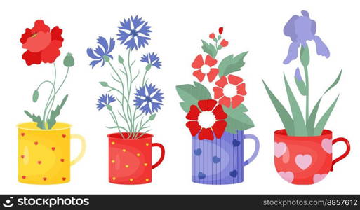 Summer flowers. Collection bouquets of red poppy, blue cornflowers, mallow and iris in cups. Vector illustration in flat style. Isolated seasonal flower compositions for design, decor and postcards